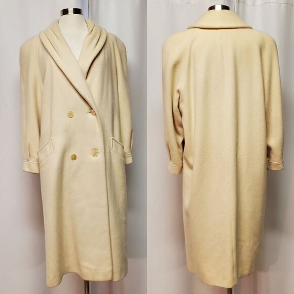 Vintage 80s Retro Cream Wool Blend Double Breasted Trench Coat XL - Picture 12 of 12